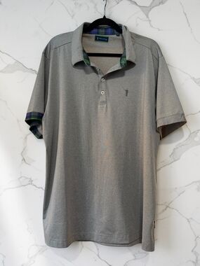 William Murray Polo Shirt Mens XL Gray Golf Performance Plaid Trim Bill Murray
